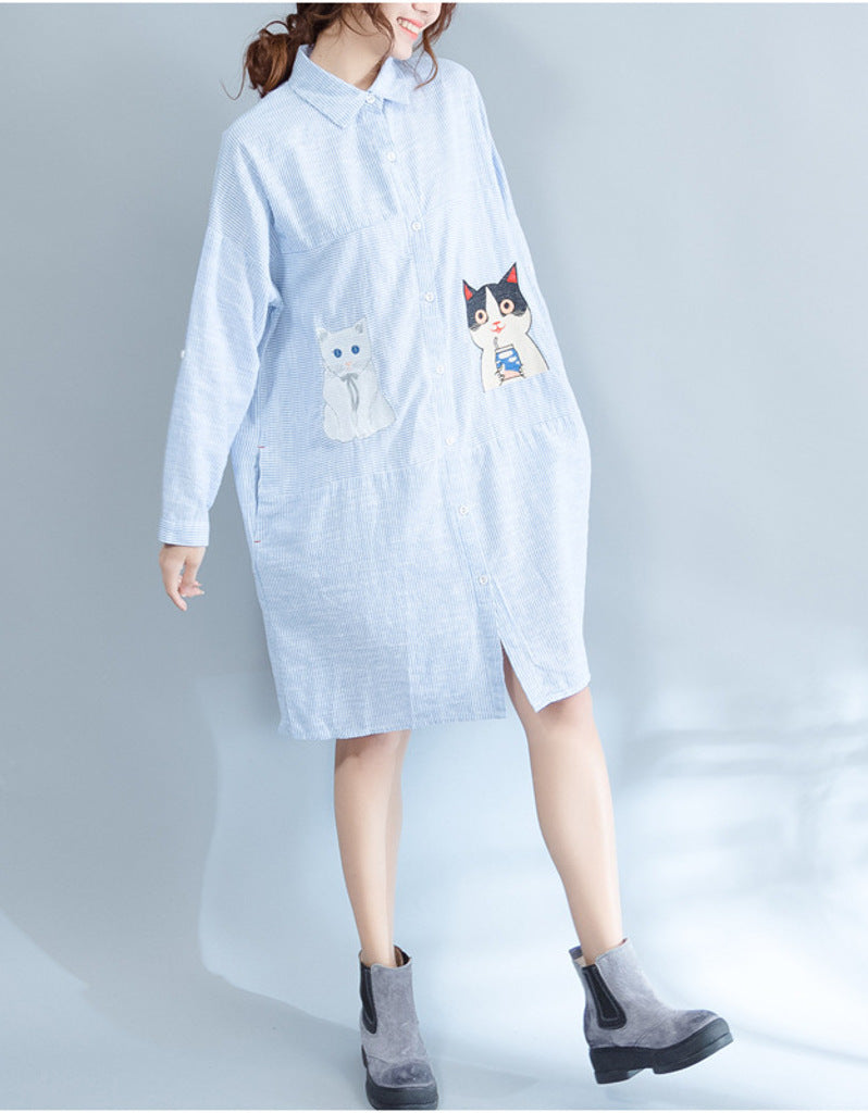 Oversized long sleeved striped shirt dress with kitty picture