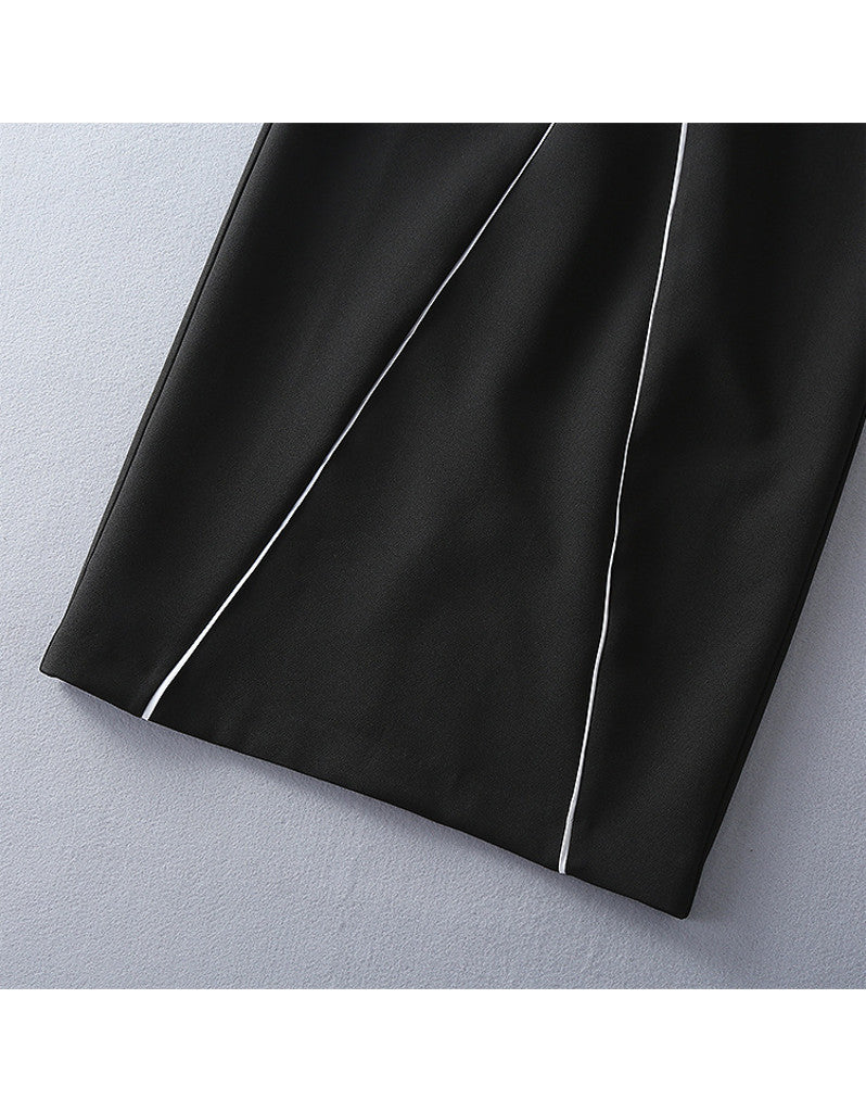 Long sleeve half chiffon top and tailored mid-length skirt