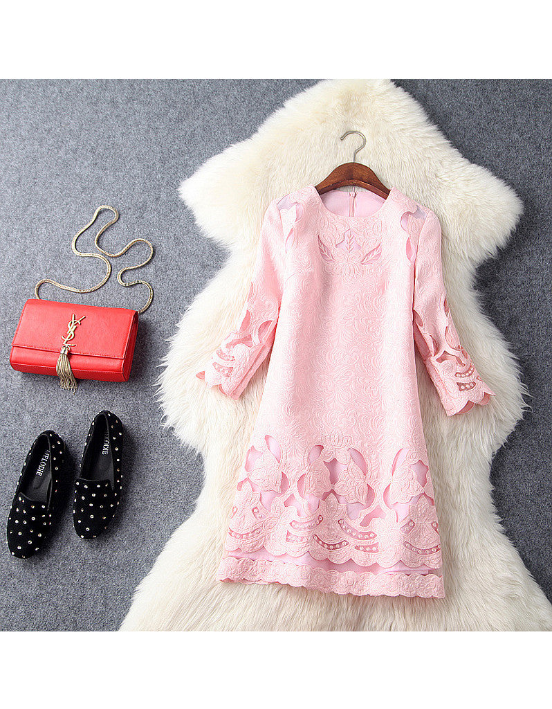 Mid-length sleeve with cut-out embroidery and lace short dress (More colours)