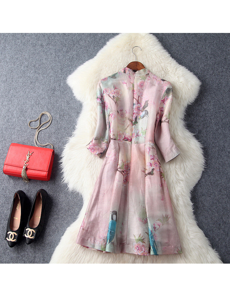 Mid-length sleeve A-line printed cheongsum