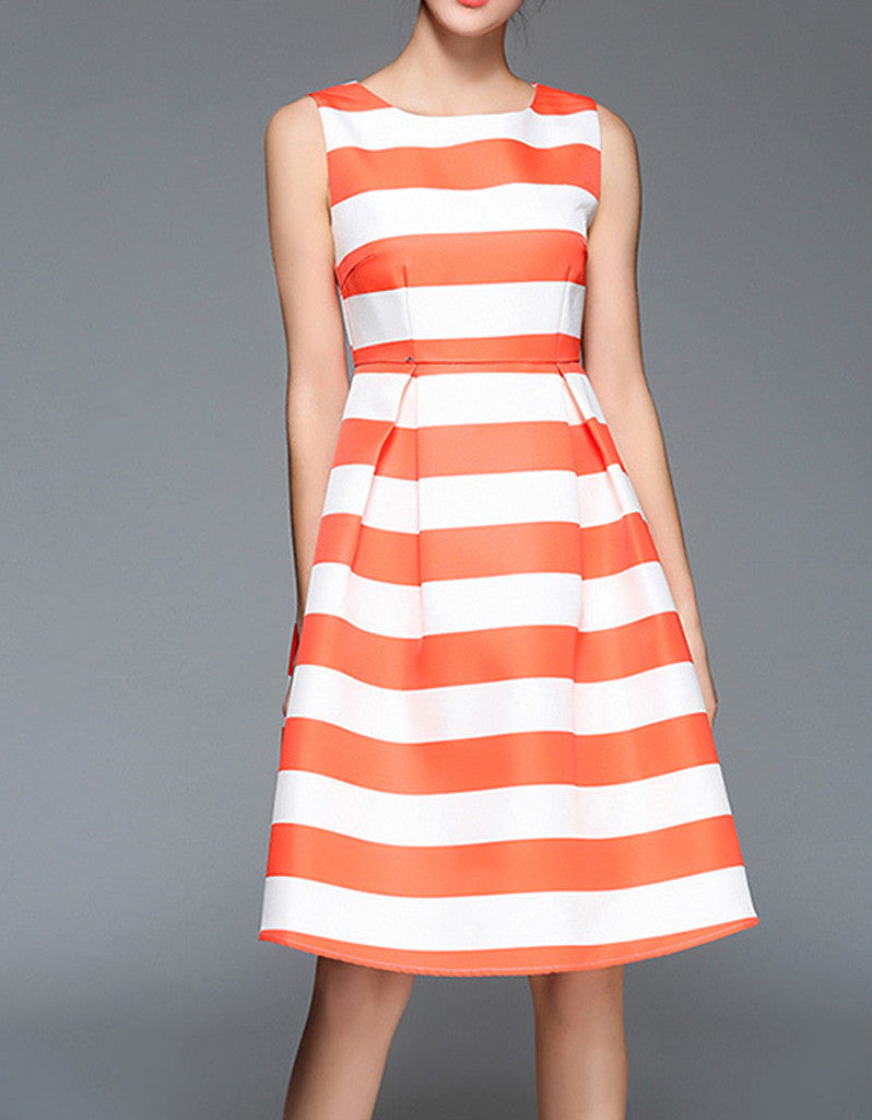 Sleeveless orange stripes with white base mid-length dress