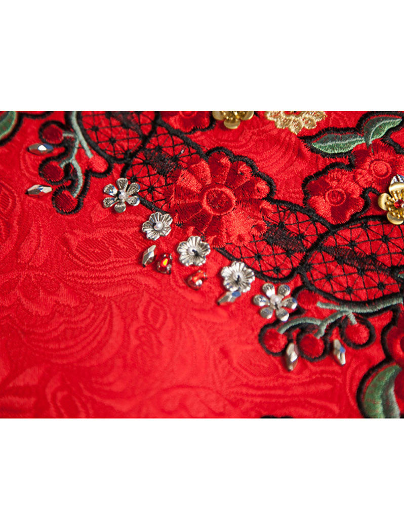 Sleeveless embroidered, beaded short dress with rhinestones