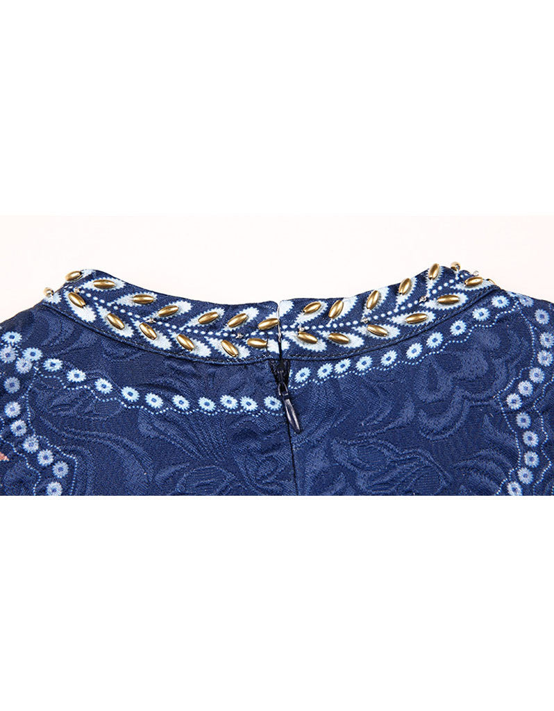 Sleeveless beaded, embroidered & printed short dress with rhinestones