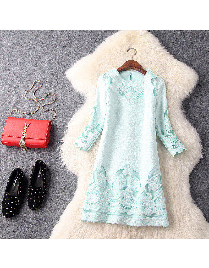 Mid-length sleeve with cut-out embroidery and lace short dress (More colours)