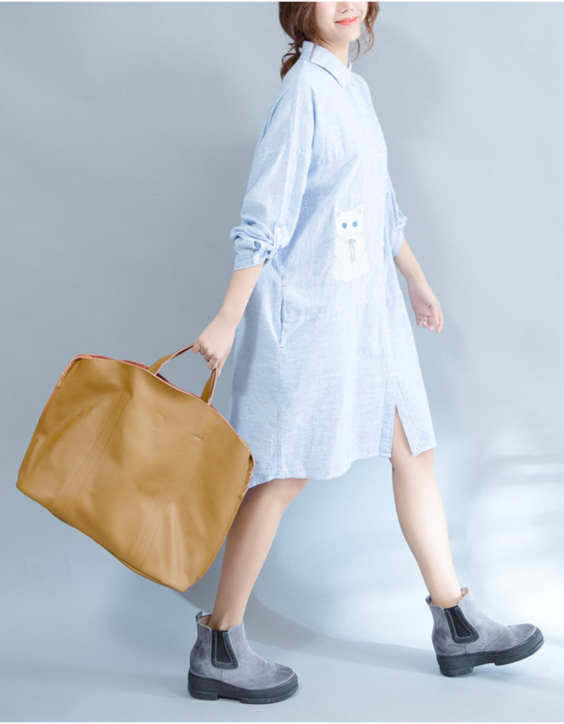 Oversized long sleeved striped shirt dress with kitty picture