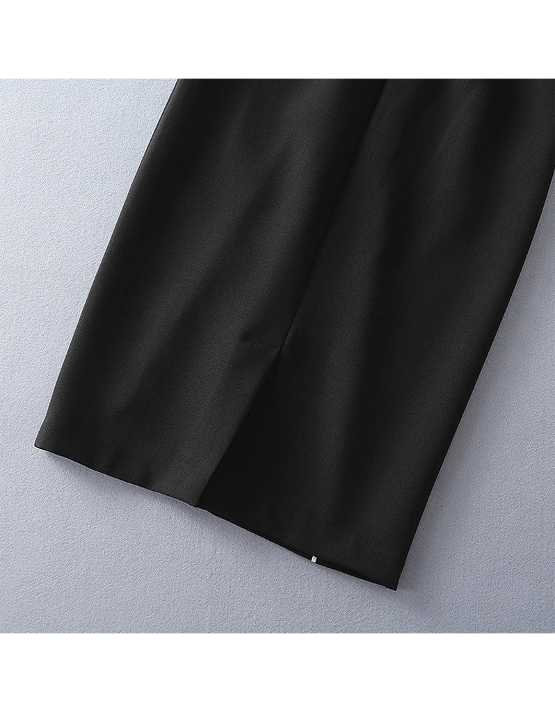Long sleeve half chiffon top and tailored mid-length skirt