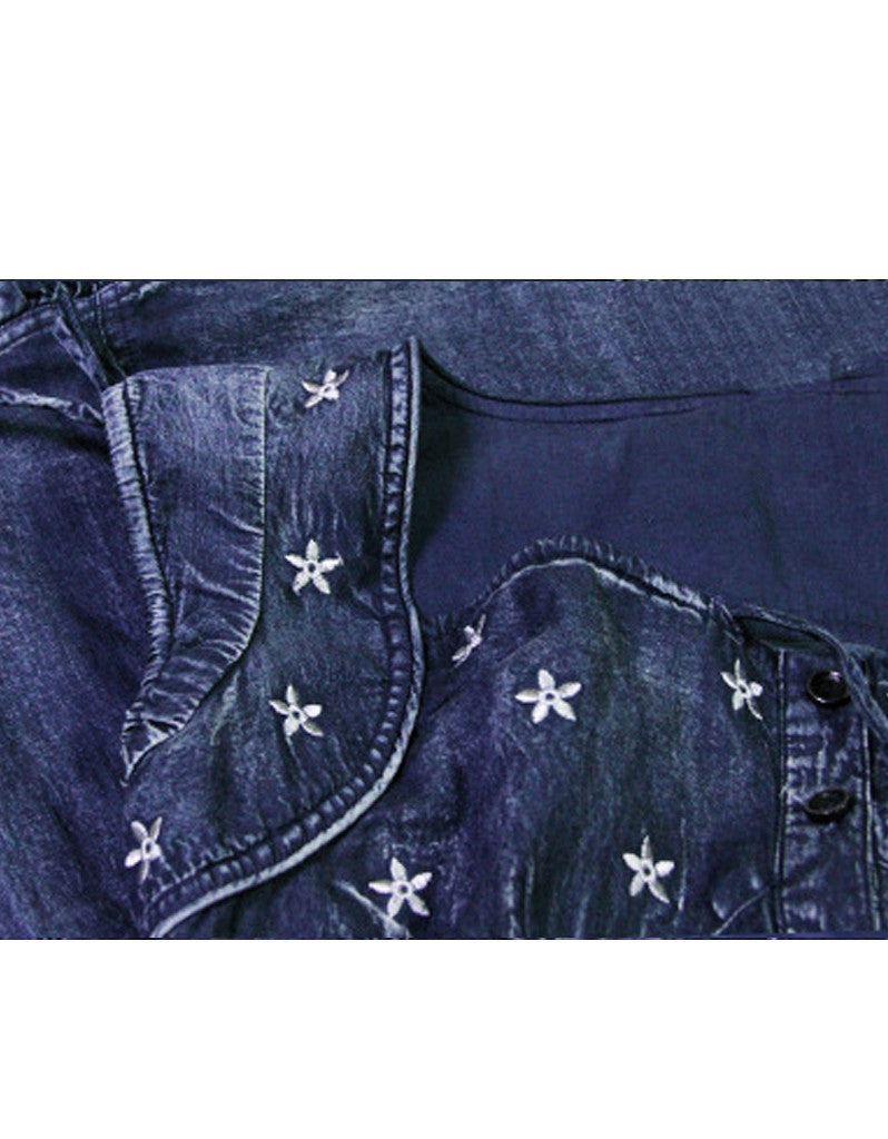 Denim short dress with embroidery and frills