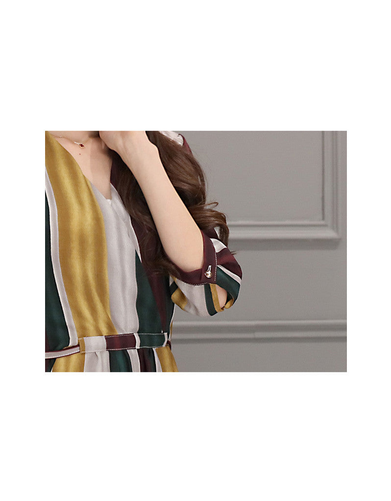 Multi-coloured striped dress with 3/4 sleeves