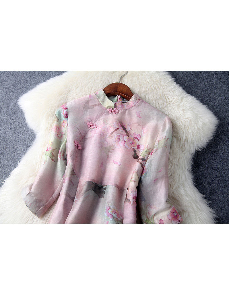 Mid-length sleeve A-line printed cheongsum