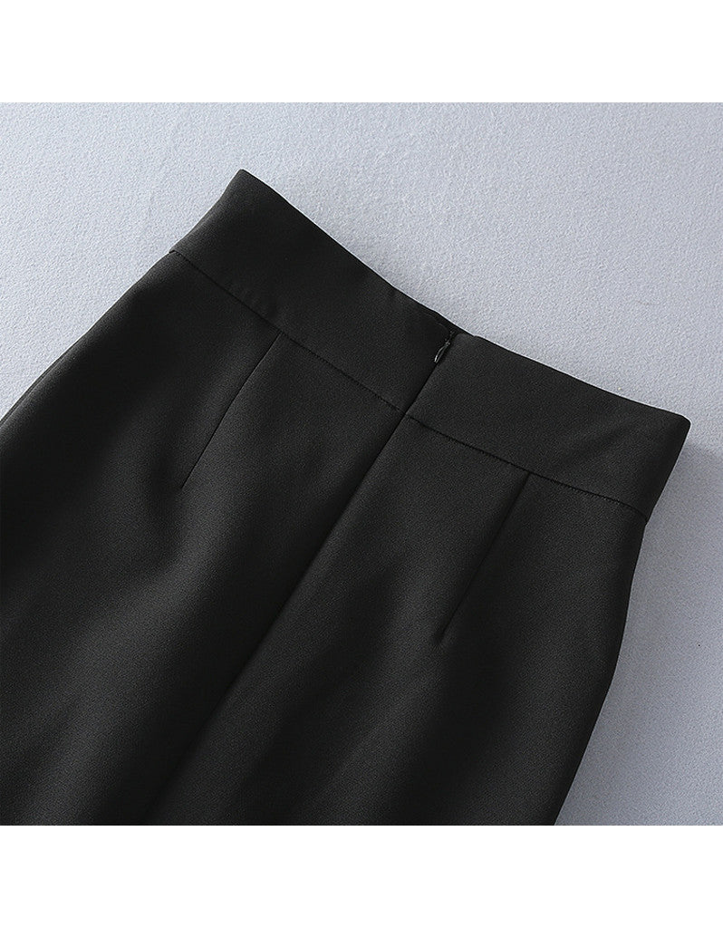 Long sleeve half chiffon top and tailored mid-length skirt