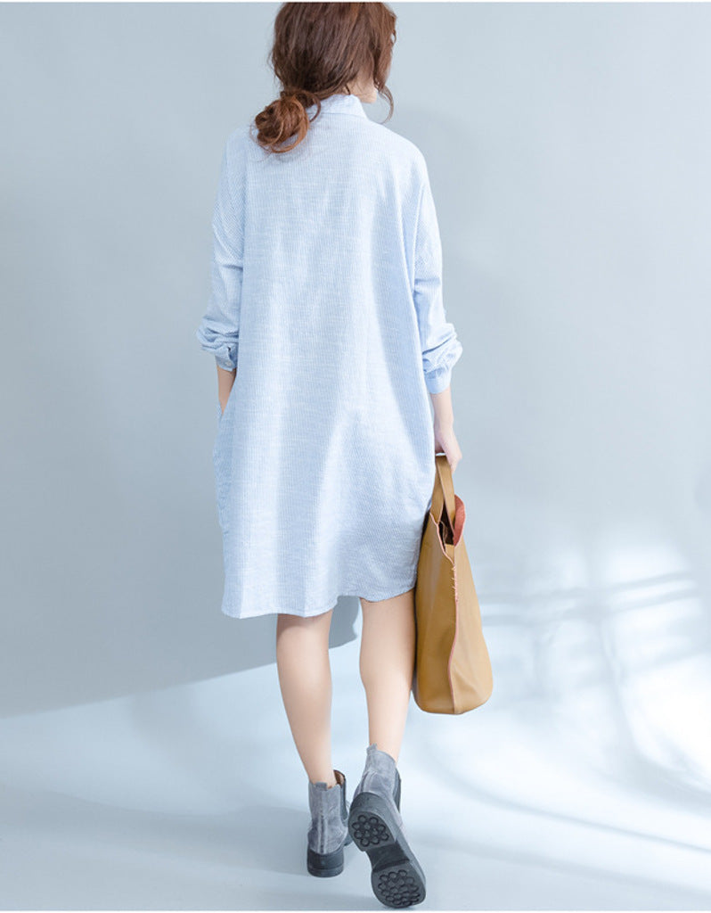 Oversized long sleeved striped shirt dress with kitty picture