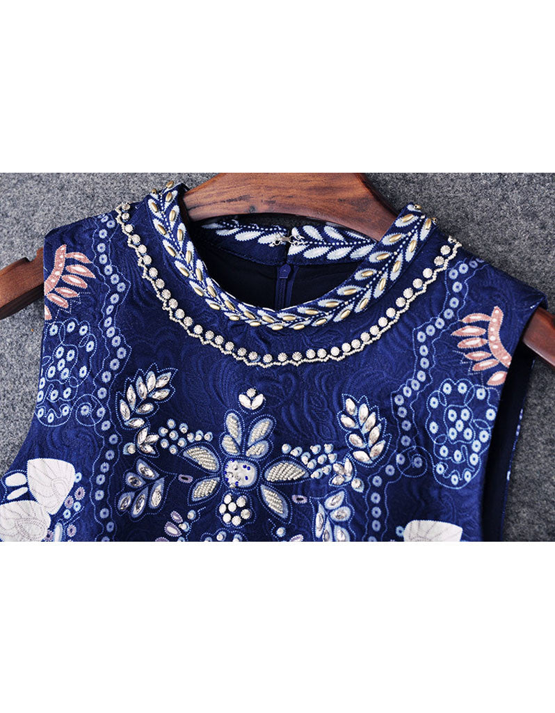 Sleeveless beaded, embroidered & printed short dress with rhinestones