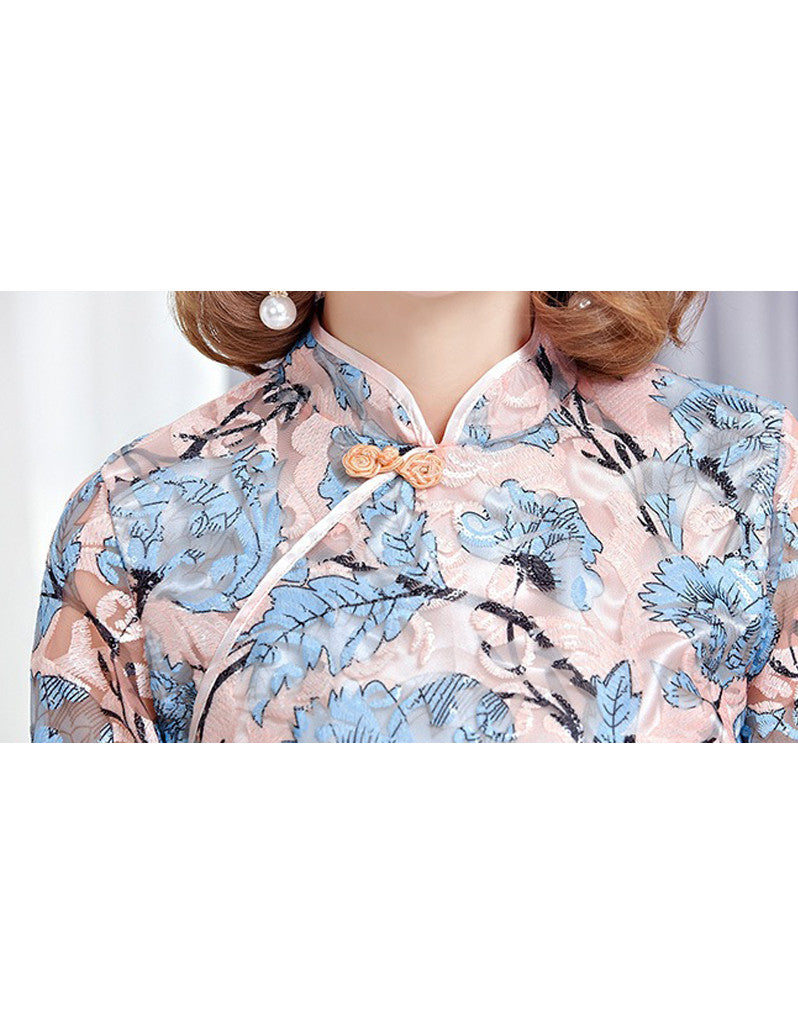 Mid-length sleeve short cheongsum with sewn-on sequins