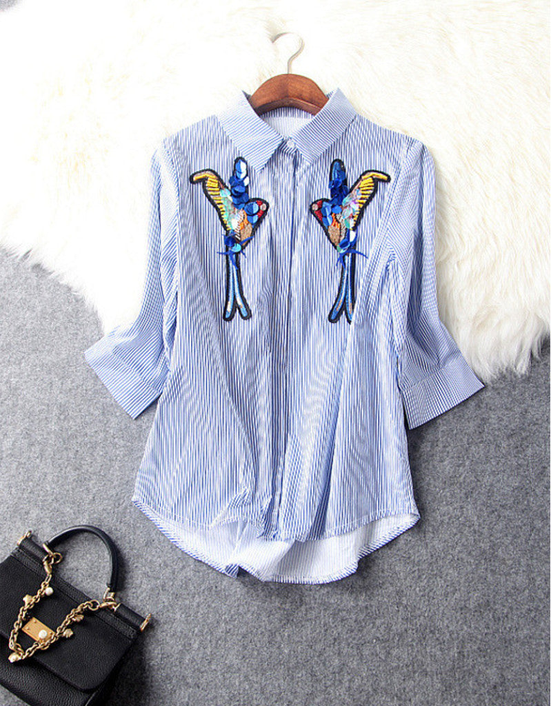 Mid-length sleeve top with birdie design in sequins, beads and embroidery