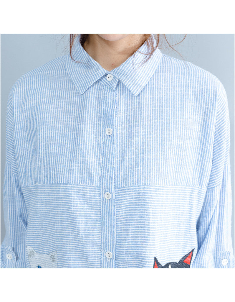 Oversized long sleeved striped shirt dress with kitty picture