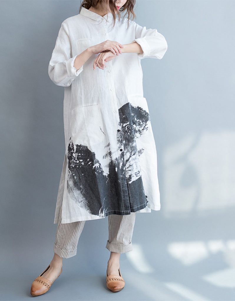 Oversized long sleeved shirt dress with Chinese painting