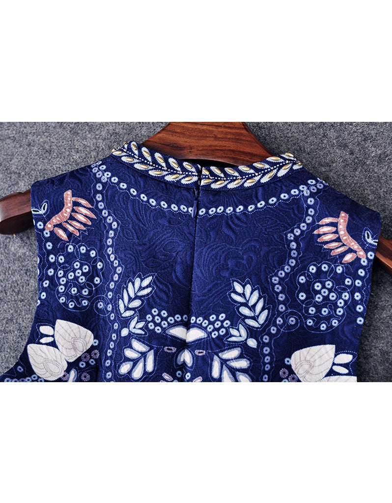 Sleeveless beaded, embroidered & printed short dress with rhinestones