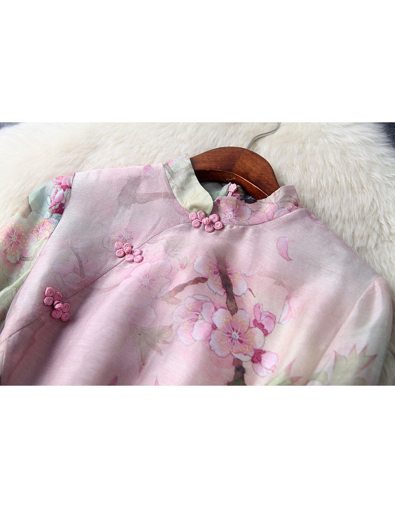 Mid-length sleeve A-line printed cheongsum
