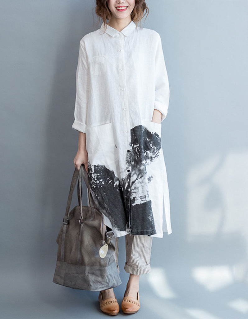 Oversized long sleeved shirt dress with Chinese painting