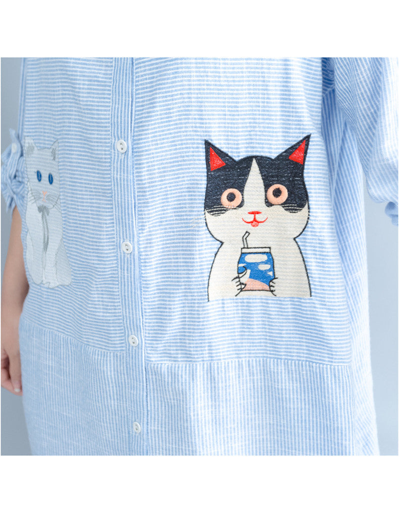 Oversized long sleeved striped shirt dress with kitty picture