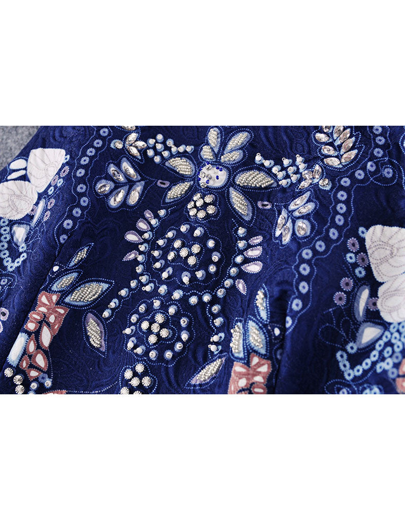 Sleeveless beaded, embroidered & printed short dress with rhinestones