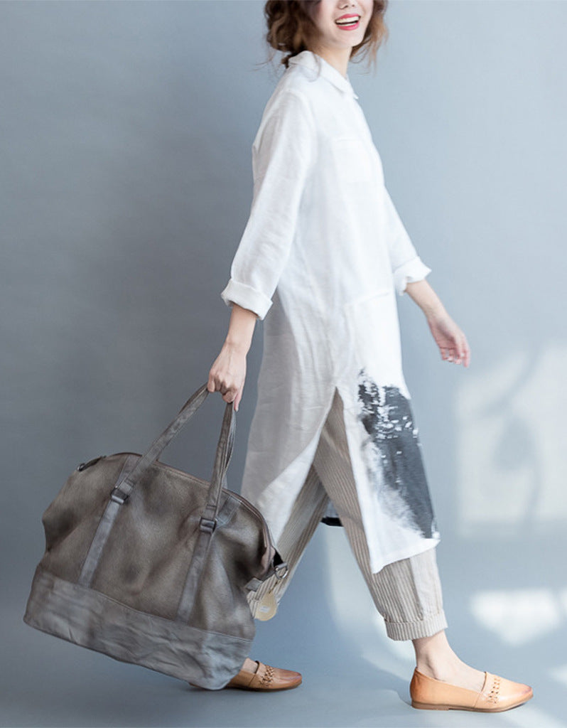 Oversized long sleeved shirt dress with Chinese painting