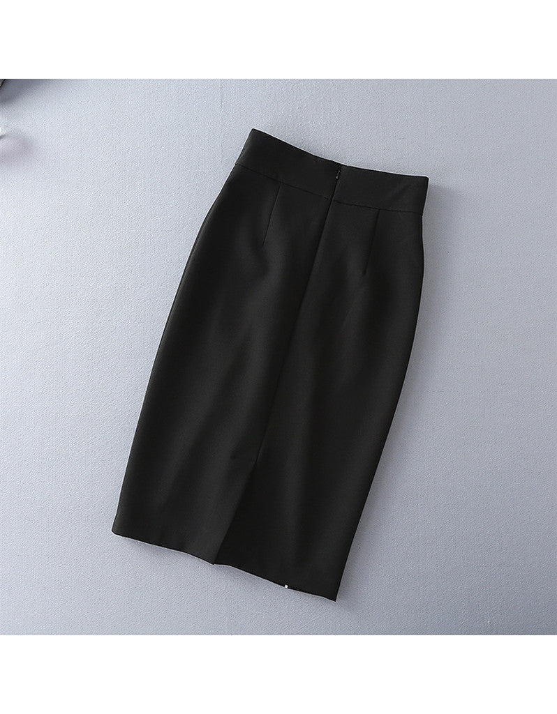 Long sleeve half chiffon top and tailored mid-length skirt