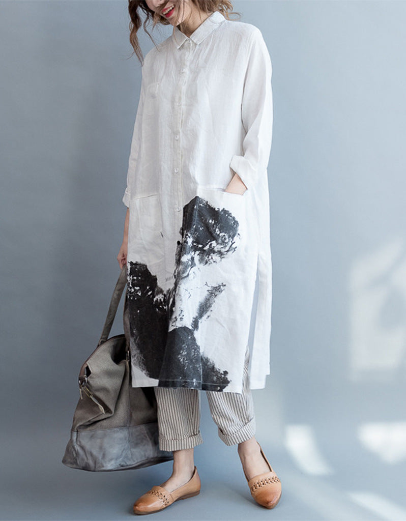Oversized long sleeved shirt dress with Chinese painting