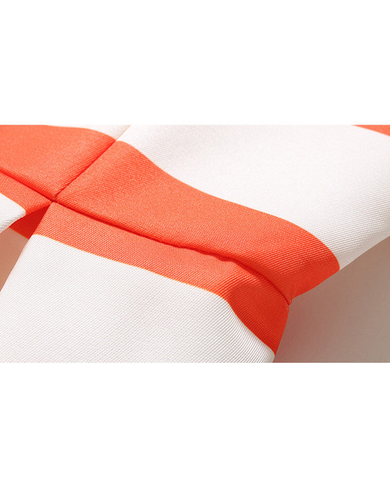 Sleeveless orange stripes with white base mid-length dress