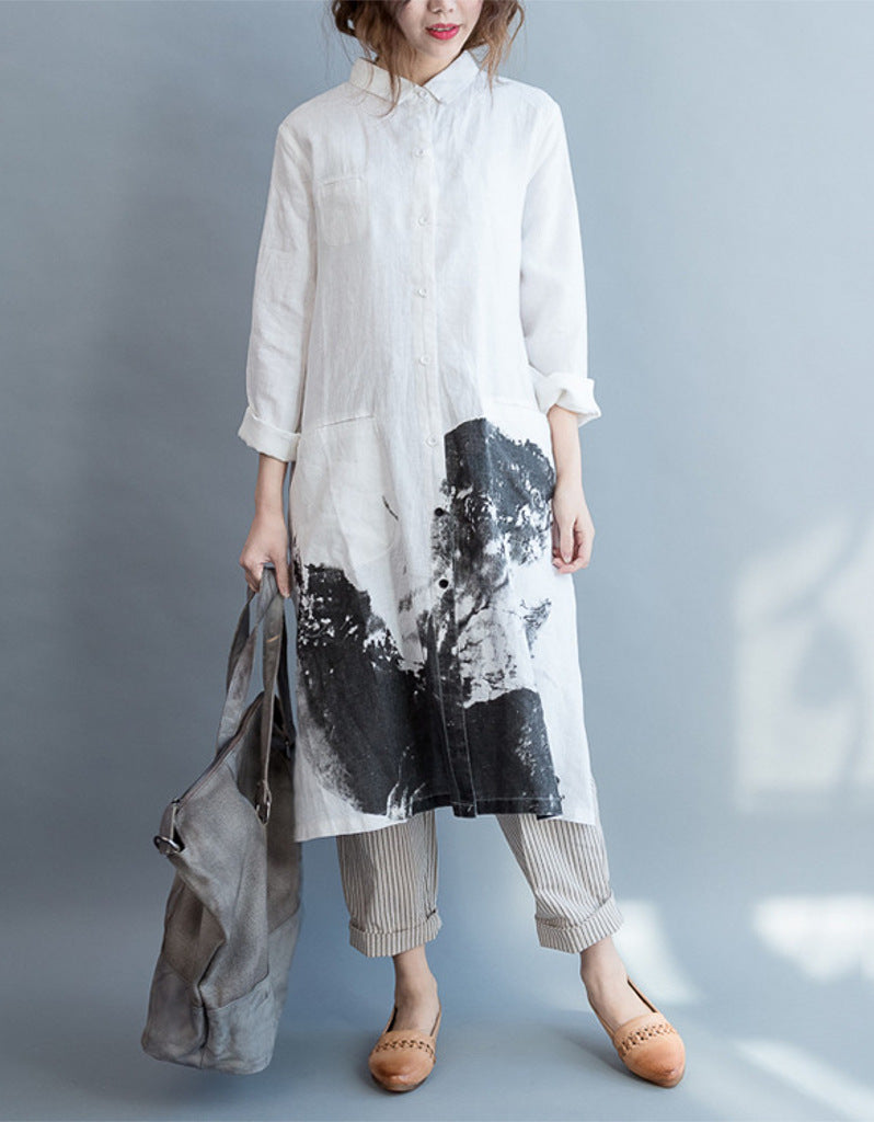 Oversized long sleeved shirt dress with Chinese painting