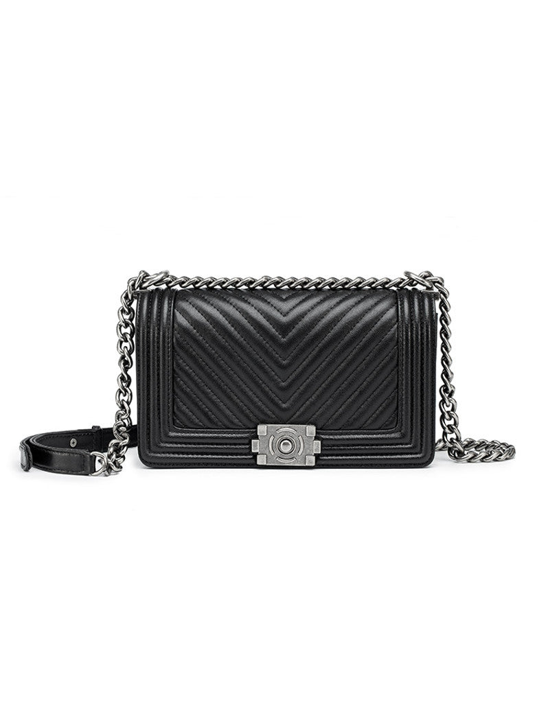 Genuine sheepskin leather chevron quilted design flap handbag