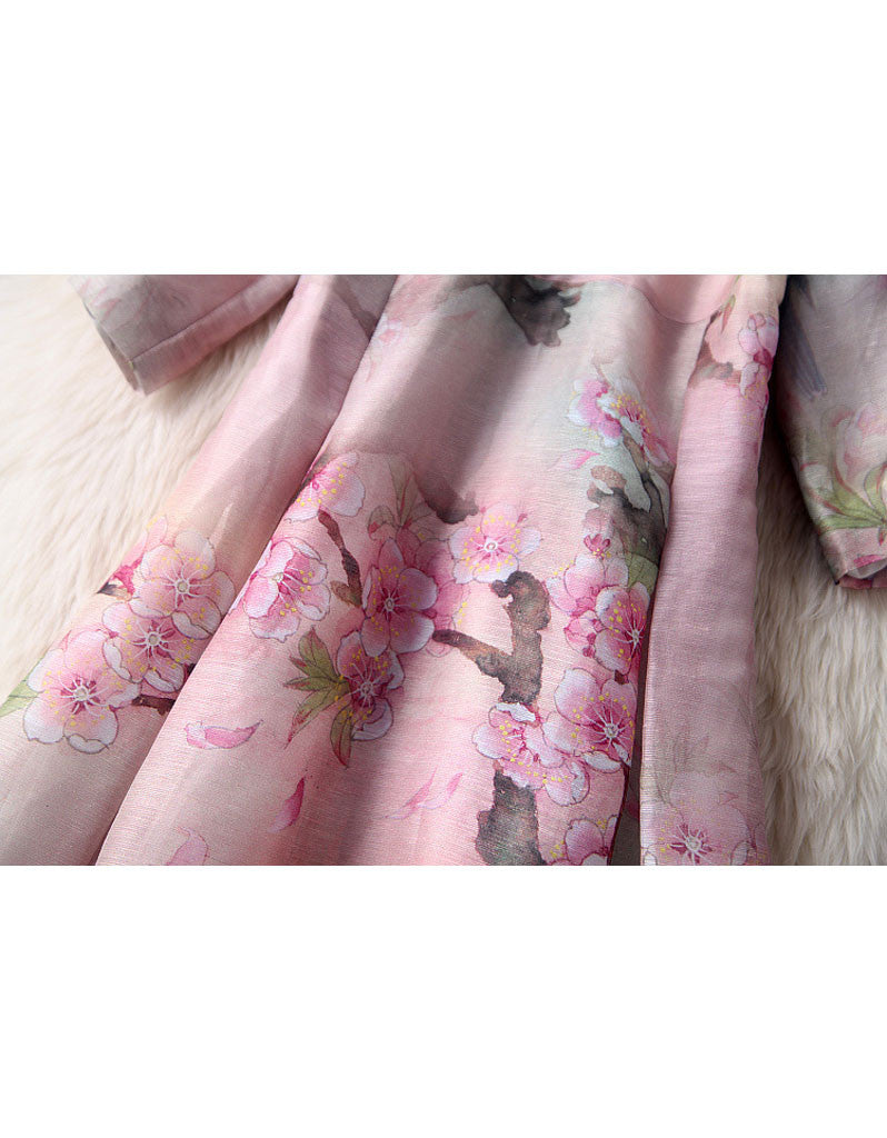 Mid-length sleeve A-line printed cheongsum