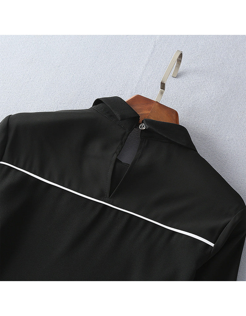 Long sleeve half chiffon top and tailored mid-length skirt