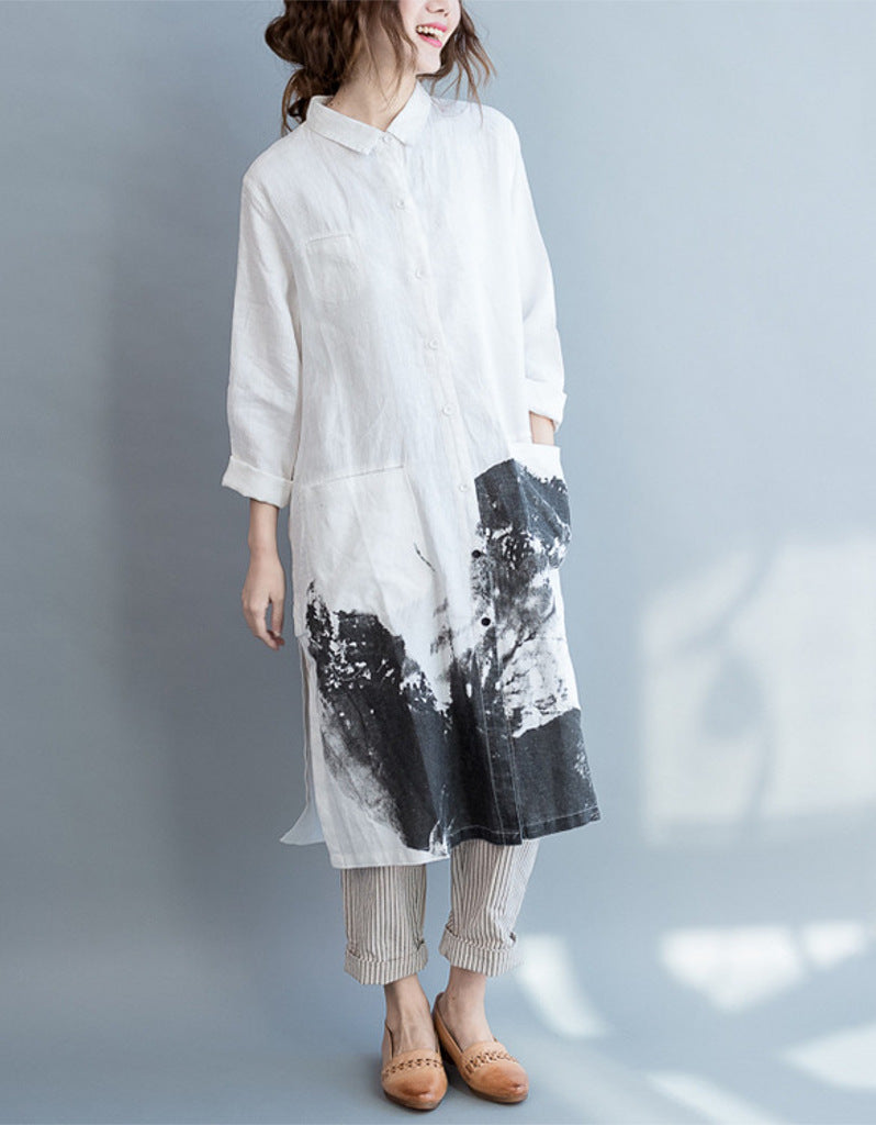 Oversized long sleeved shirt dress with Chinese painting