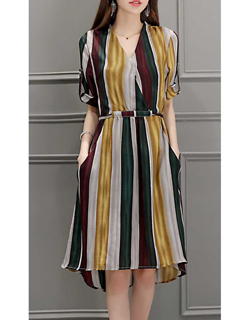 Multi-coloured striped dress with 3/4 sleeves