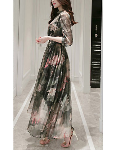 Embroidered bohemian mid-length sleeve lacy long dress