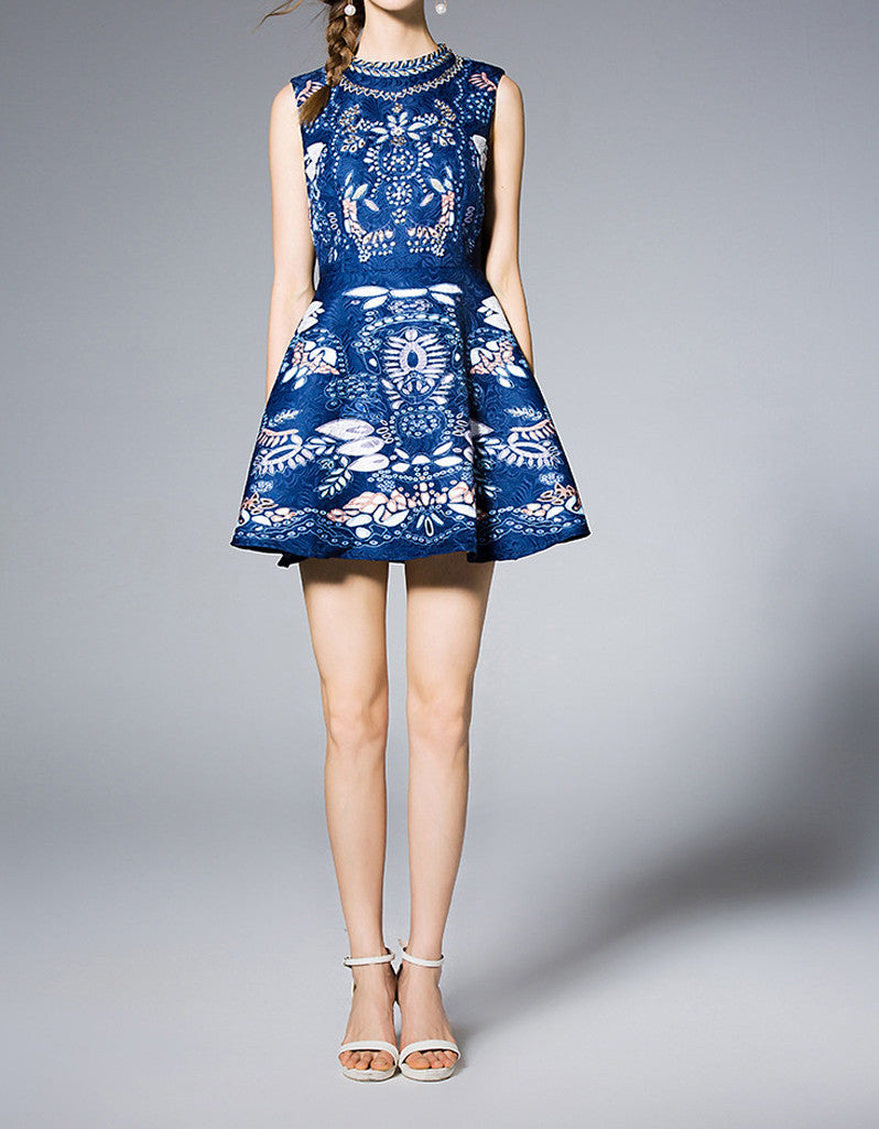 Sleeveless beaded, embroidered & printed short dress with rhinestones