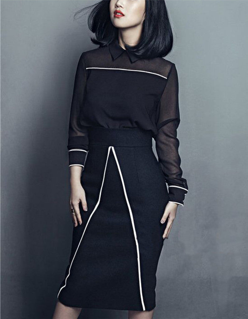 Long sleeve half chiffon top and tailored mid-length skirt