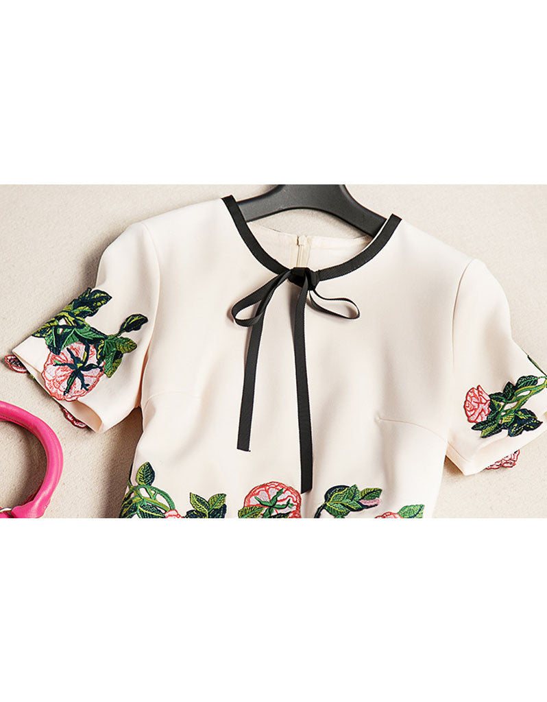 Short sleeve embroidered tailored mid-length dress (More colours)