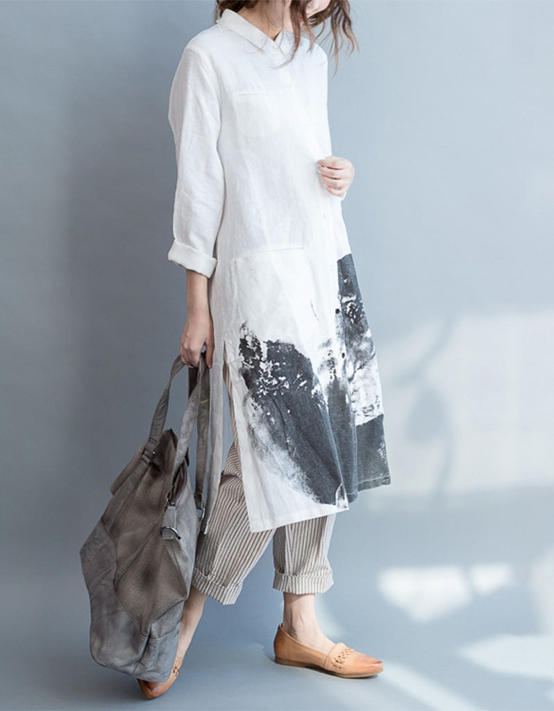 Oversized long sleeved shirt dress with Chinese painting