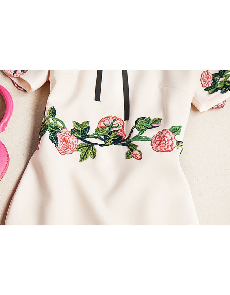 Short sleeve embroidered tailored mid-length dress (More colours)