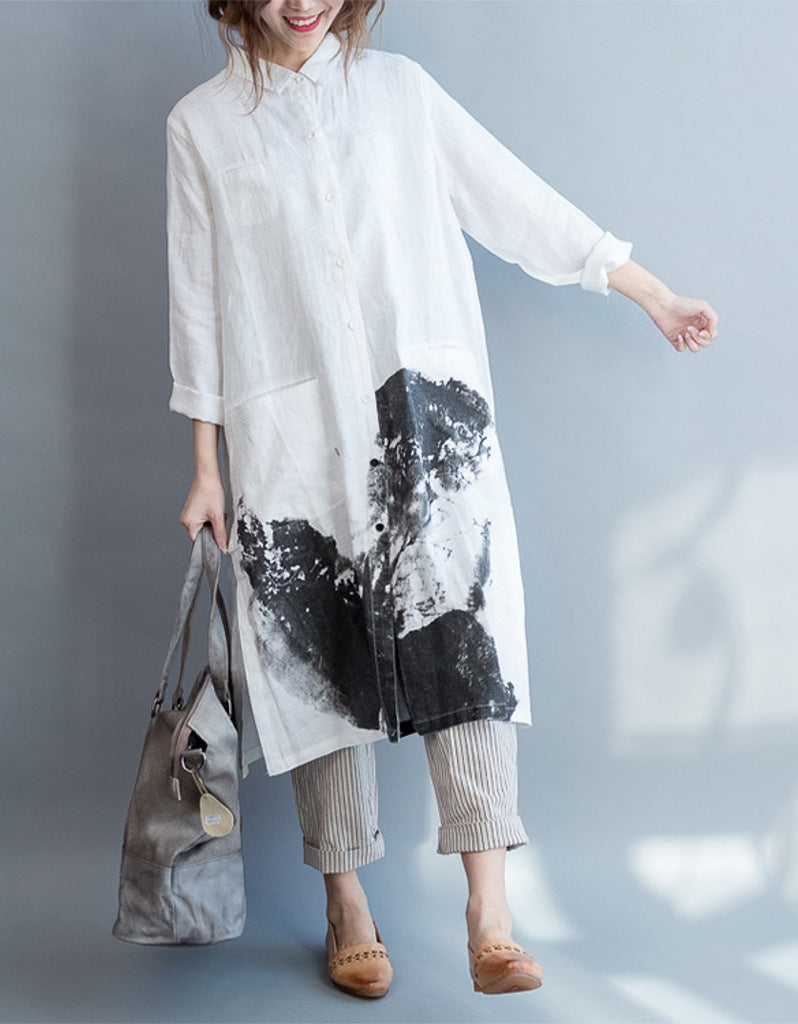 Oversized long sleeved shirt dress with Chinese painting