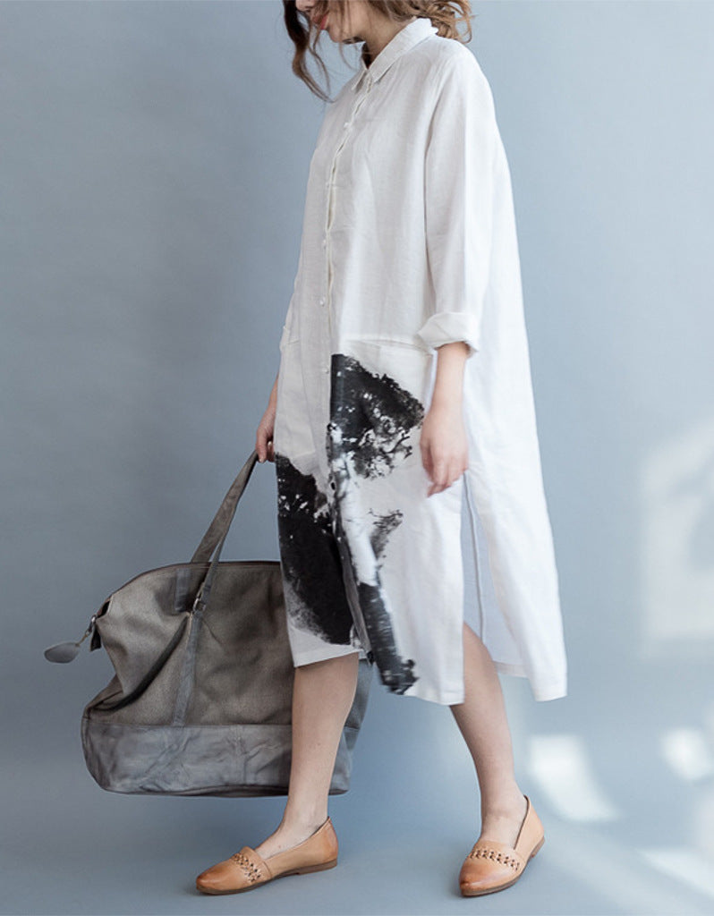 Oversized long sleeved shirt dress with Chinese painting