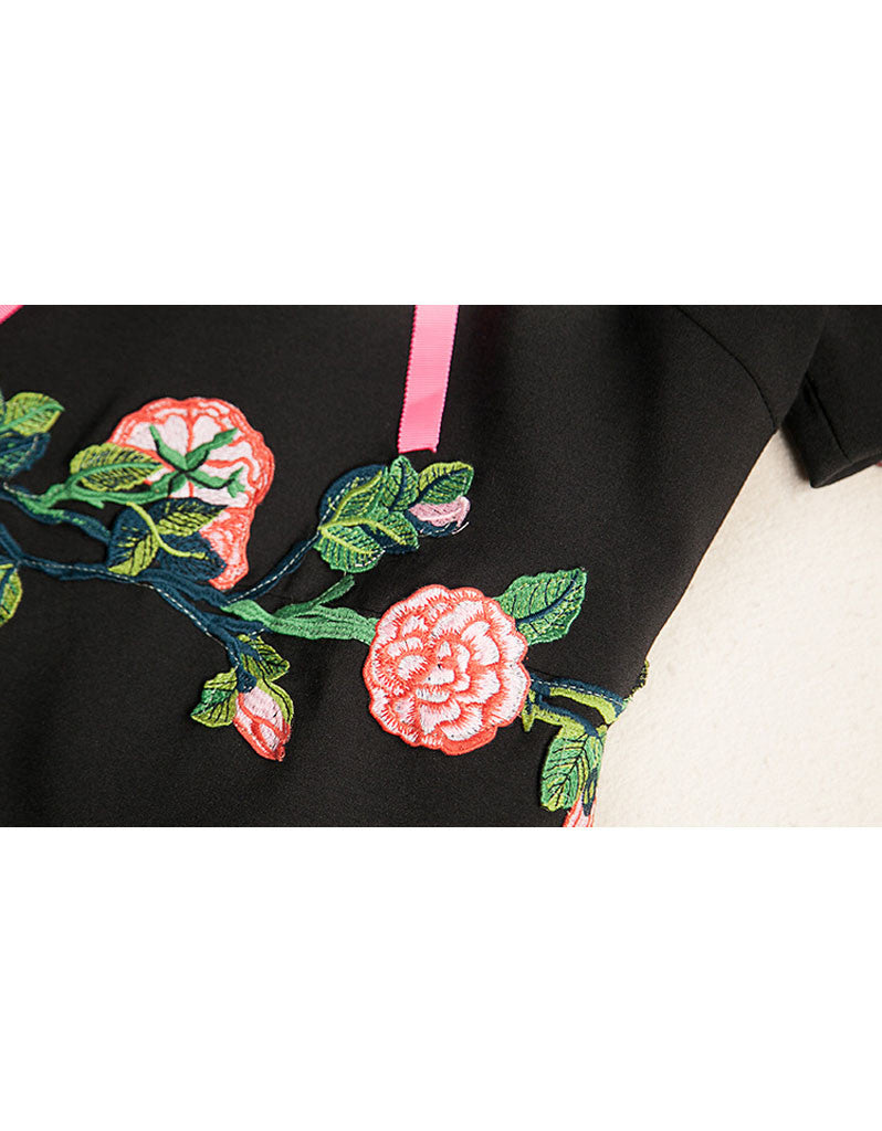 Short sleeve embroidered tailored mid-length dress (More colours)