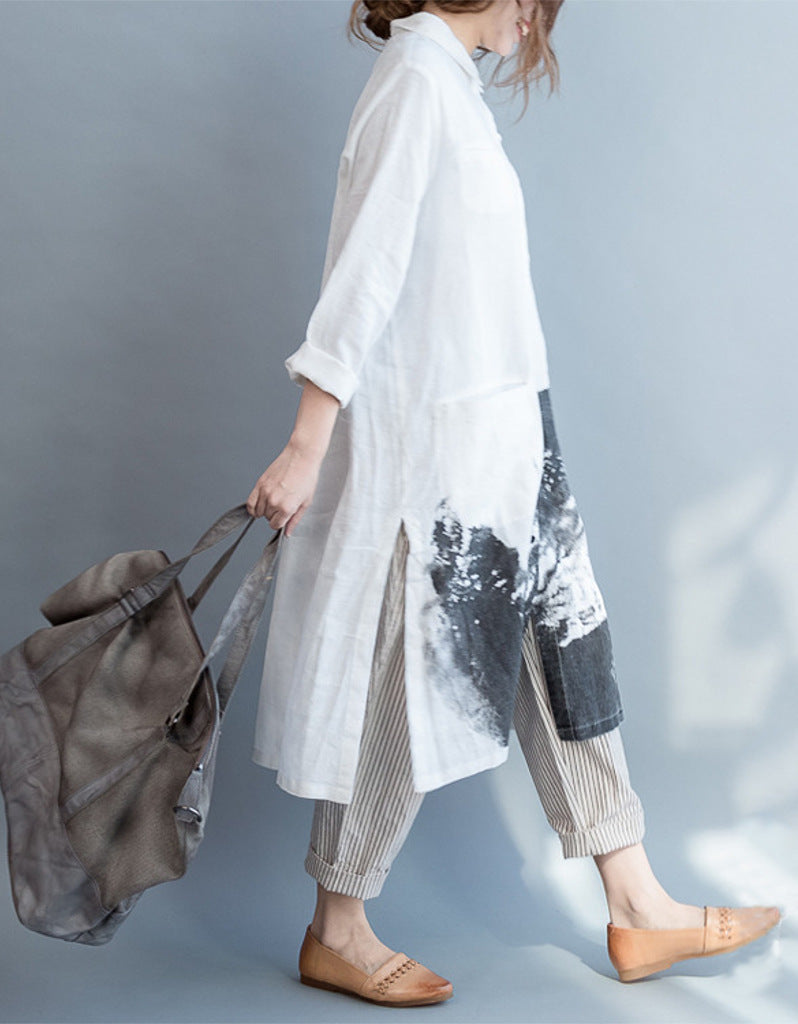 Oversized long sleeved shirt dress with Chinese painting