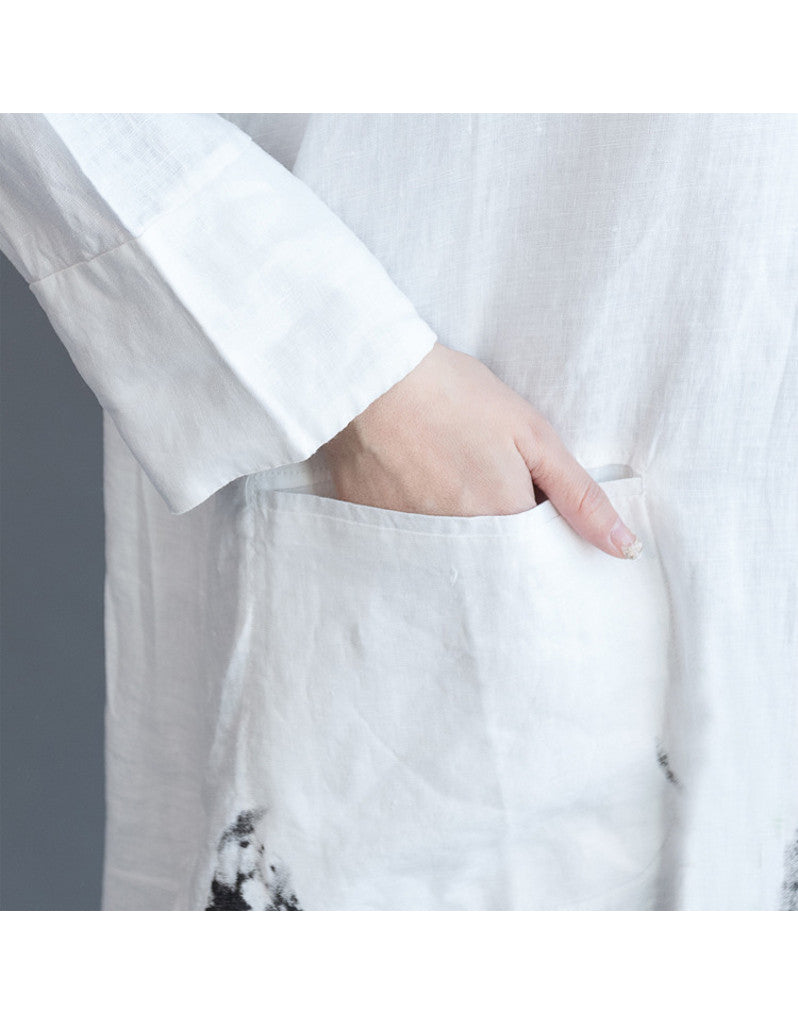 Oversized long sleeved shirt dress with Chinese painting