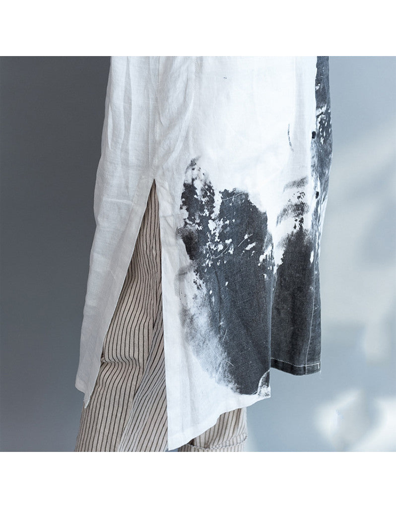 Oversized long sleeved shirt dress with Chinese painting