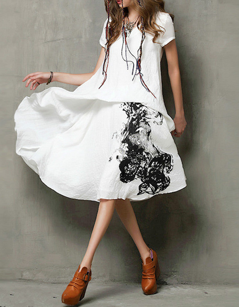 Short sleeve chinese-ink patterned dress