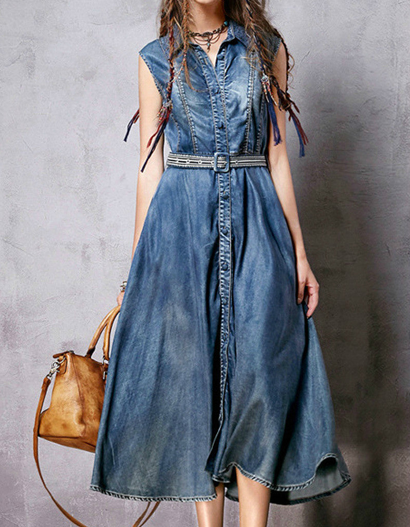 Sleeveless long flared denim dress