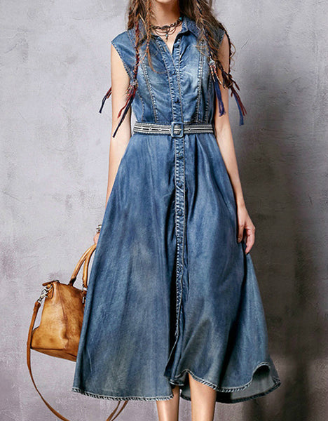 chinese dress ladies Sleeveless Tencel Denim Dress, Middle Blue / Xs